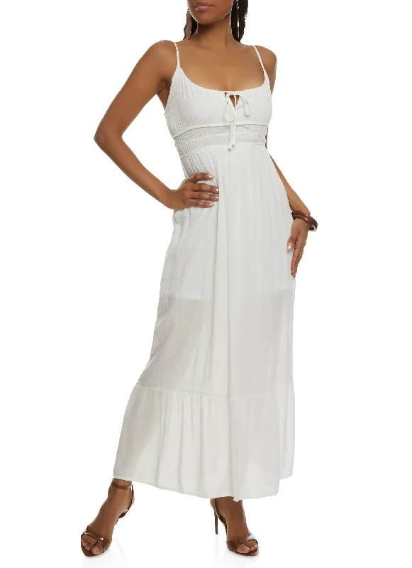 Gauze Knit Tie Front Tiered Maxi Dress Comfortable Long-Sleeve Maxi Dress