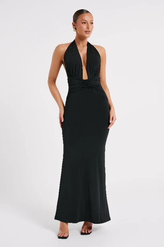 Jovanna Slinky Halter Maxi Dress - Black Fashionable Off-Shoulder Maxi Dress