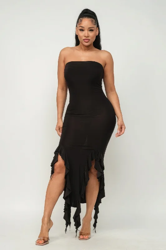Solid Bottom Ruffle Trim Hem Slit Tube Maxi Dress Fashionable Chiffon Maxi Dress