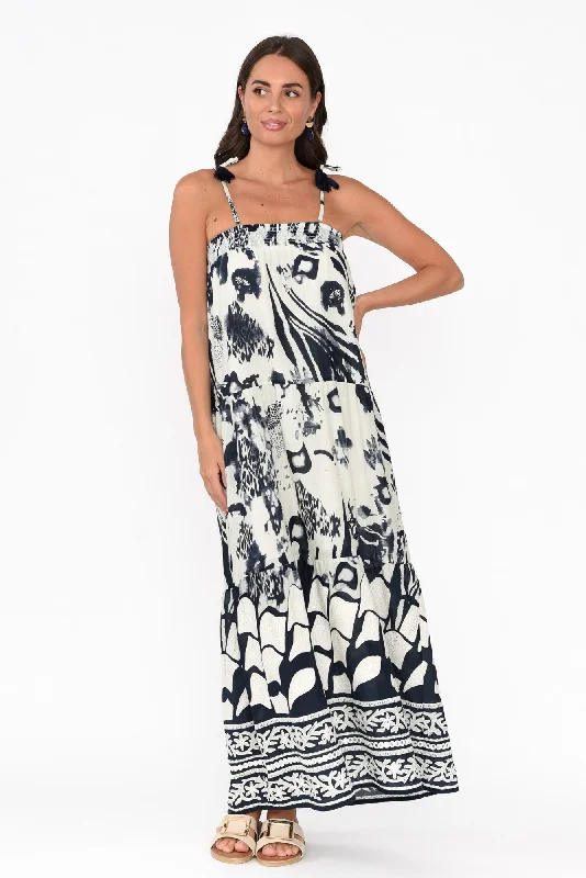 Kenya Navy Abstract Cotton Maxi Dress Fashionable Chiffon Tiered Maxi Dress
