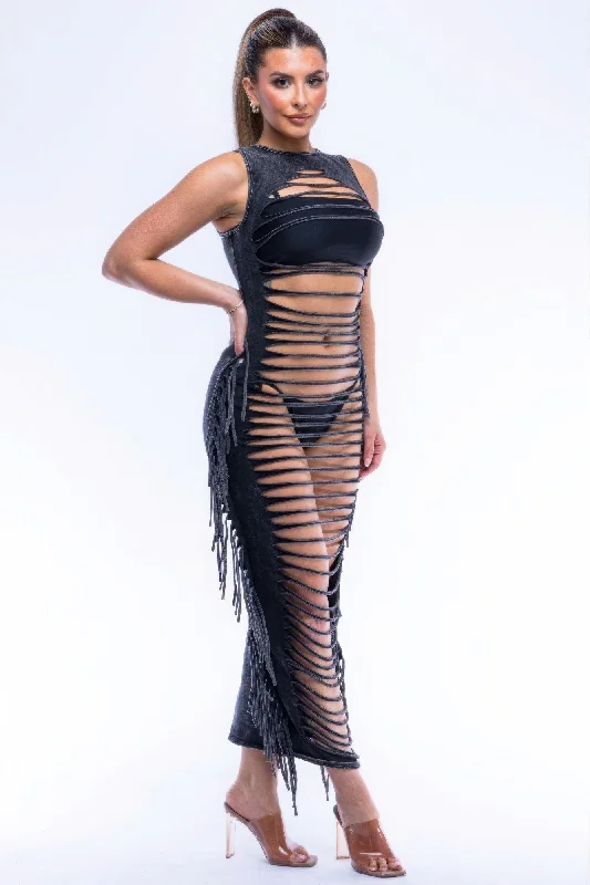 Fringe Cut Out Maxi Dress Cozy Maxi Dress with Slit