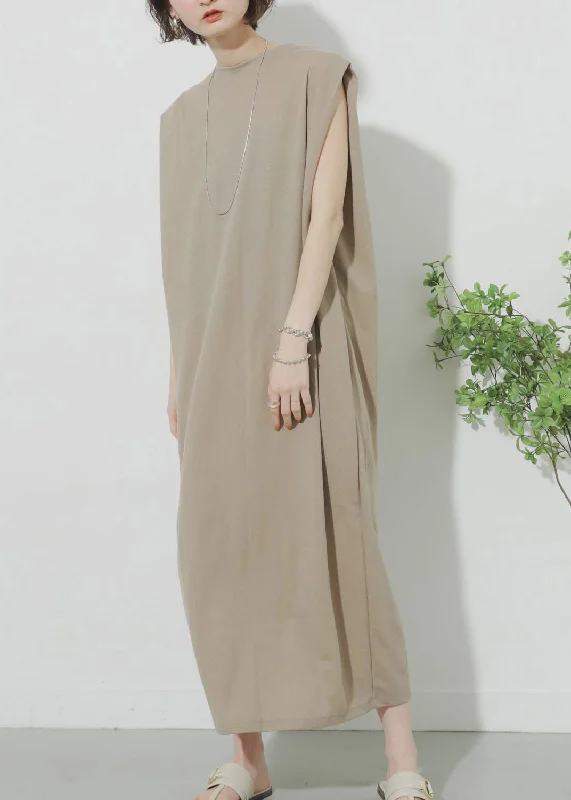 Khaki O-Neck Solid Maxi Dress Summer Comfortable Fit-and-Flare Maxi Dress