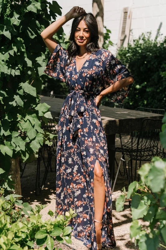 Kia Kimono Maxi Dress | Dark Blue Floral Fashionable Button-Down Maxi Dress