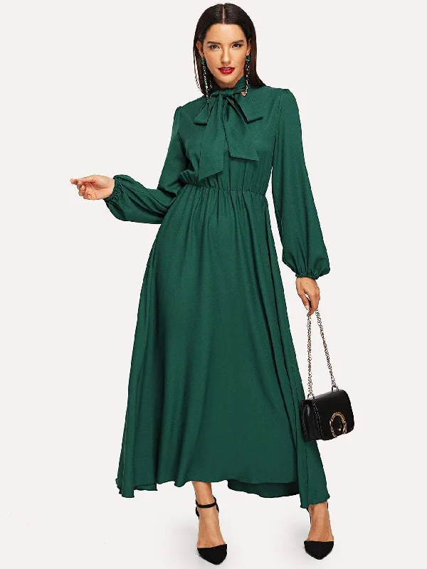 Lantern Sleeve Tie Neck Maxi Dress Trendy V-Neck Maxi Dress