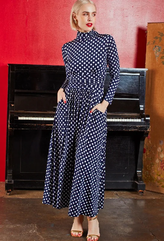 Lauren Maxi Dress - Navy Polka Dot Stylish Maxi Dress with Frills