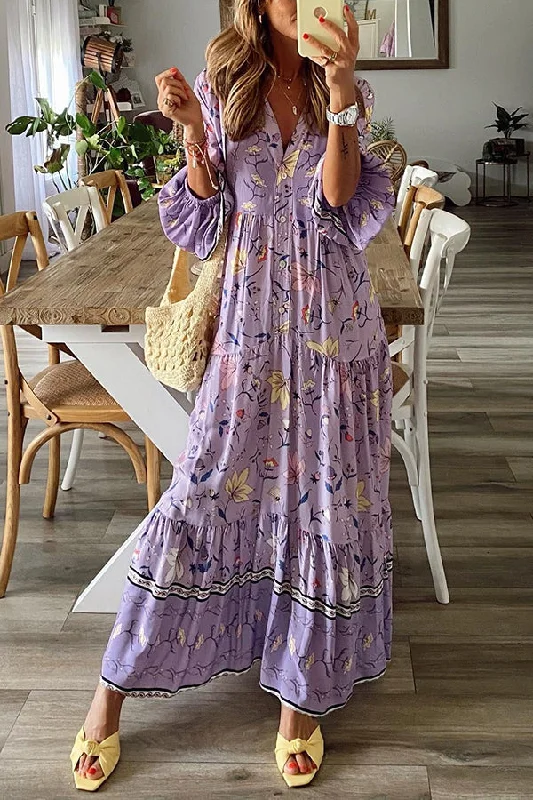 Lavender Flavor Printed Long Sleeve Button A-line Maxi Dress Comfortable Cotton Maxi Dress