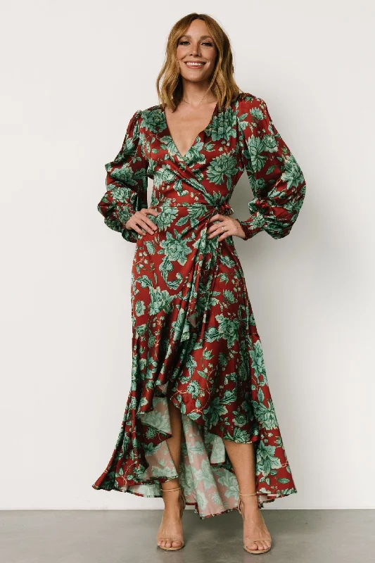 Lavinia Ruffle Maxi Dress | Rust + Green Floral Fashionable Asymmetrical Maxi Dress