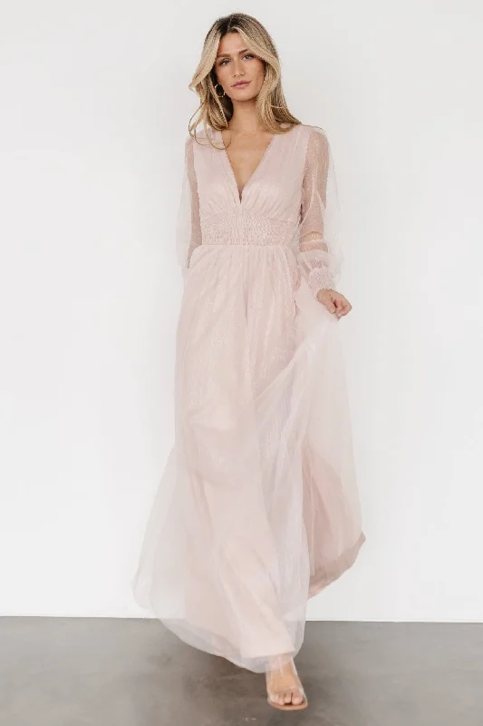 Layla Tulle Maxi Dress | Shimmer Pink Comfortable Long-Sleeve Maxi Dress
