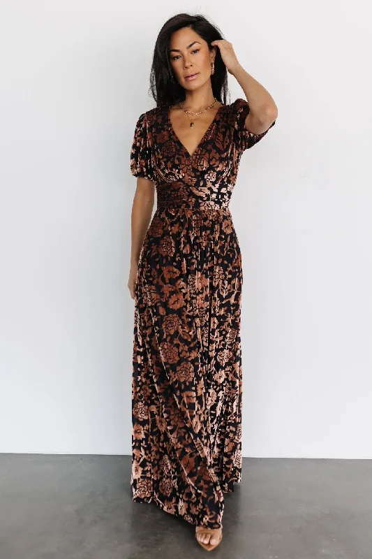 Leslie Velvet Maxi Dress | Black + Bronze Cozy Maxi Dress with Slit