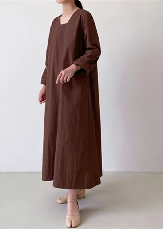 Light Brown Square Collar Linen Maxi Dress Long Sleeve Chic Sleeveless Maxi Dress