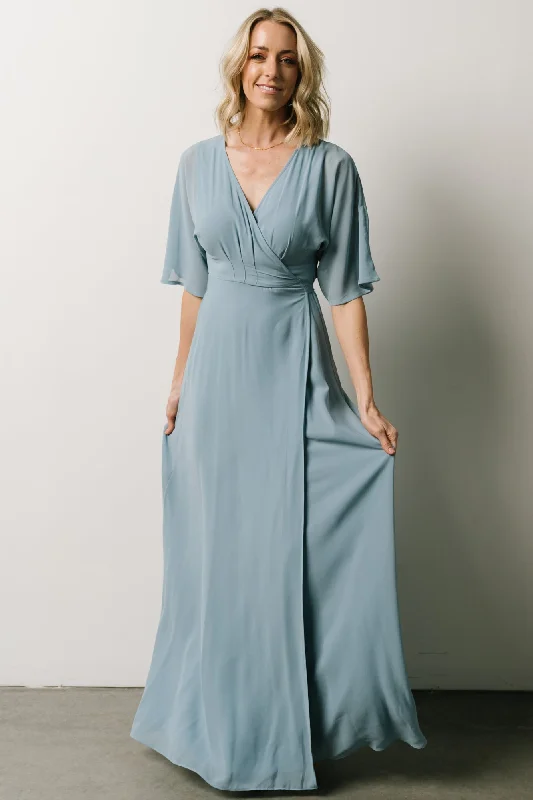 Lilly Wrap Maxi Dress | Dusty Blue Fashionable Maxi Dress with Fringe