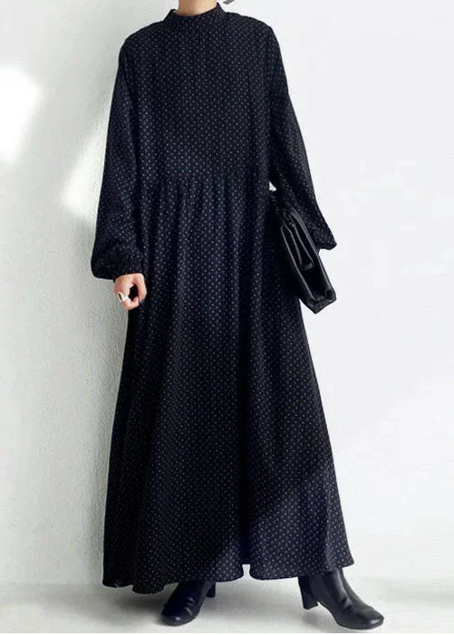 Loose Black Stand Collar Print Exra Large Hem Chiffon Maxi Dress Spring Fashionable Sheer Maxi Dress