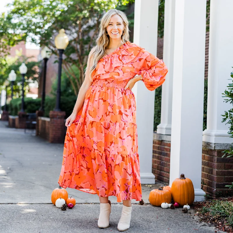 Love In The Moment Maxi Dress, Orange Floral Cozy Ribbed Maxi Dress