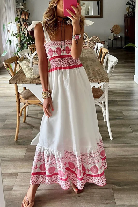 Malibu Villa Ethnic Printed Smocked Shoulder Tie Maxi Dress Comfortable Bohemian Maxi Dress