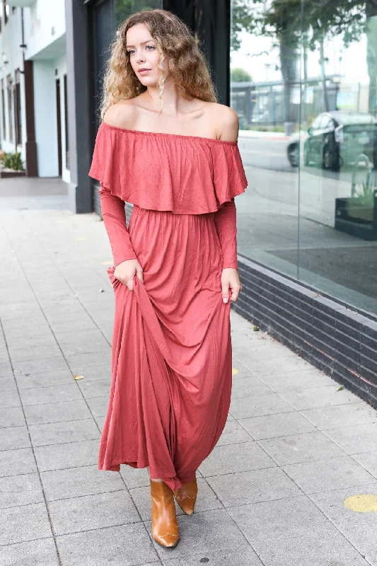 Marsala Scrunch Shoulder Maxi Dress Fashionable Asymmetrical Maxi Dress
