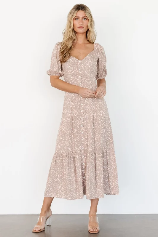 Mathilda Button Maxi Dress | Beige Floral Stylish A-Line Maxi Dress