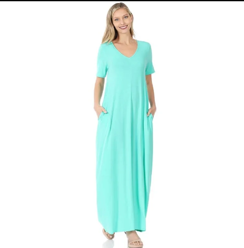 Mint short sleeve maxi dress with pockets Trendy Satin Maxi Dress