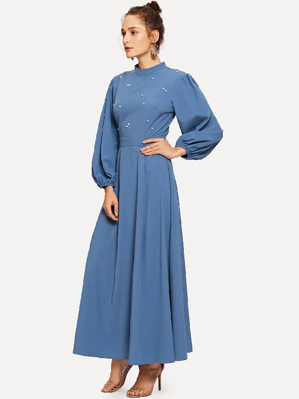 Mock Neck Pearl Embellished Open Back Maxi Dress Fashionable High-Waist Maxi Dress