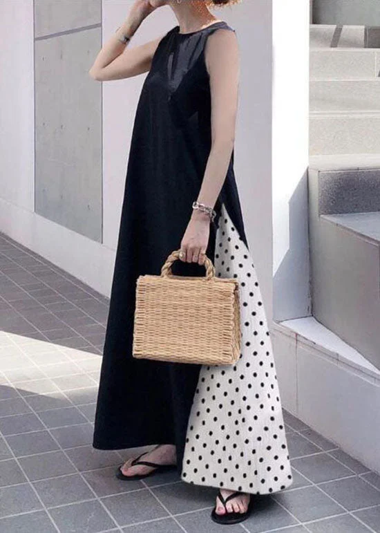 Modern Black O Neck Patchwork Cotton Tank Maxi Dresses Sleeveless Comfortable Maxi Dress with Sleeves