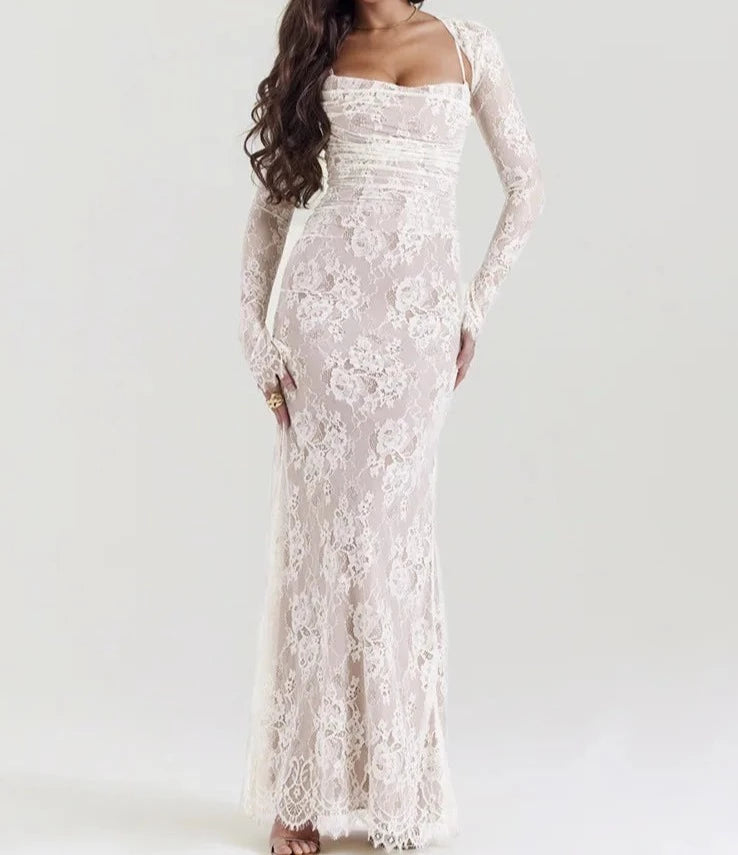 A&A Elegant Lace Long Sleeve Maxi Dress Classic V-Neck Maxi Dress