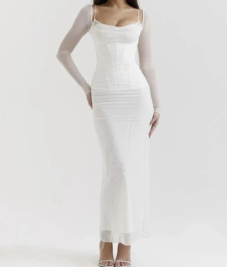 A&A Elegant Sheer Long Sleeve Bustier Maxi Dress Trendy Maxi Dress with Lace