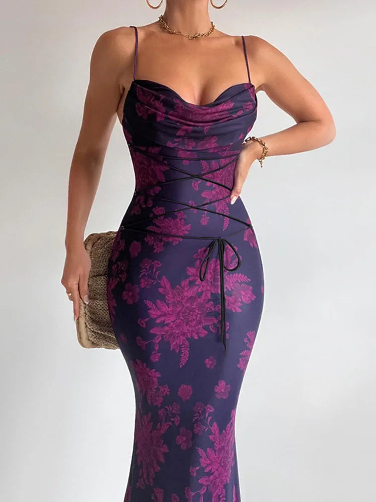 A&A Floral Print Cowl Neck Maxi Dress Elegant Silk Maxi Dress