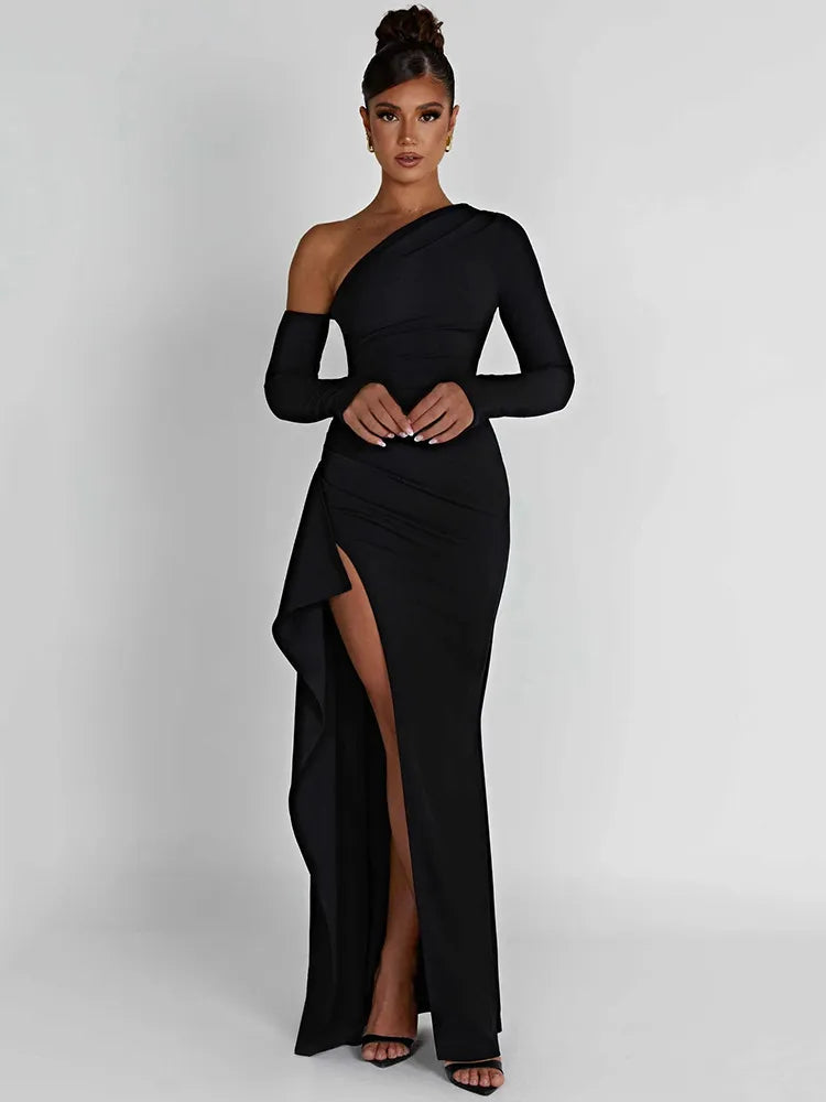 DressBetty - 2024 Mozision Oblique Shoulder Thigh High Split Long Sleeve Maxi Dress Classic A-Line Maxi Dress