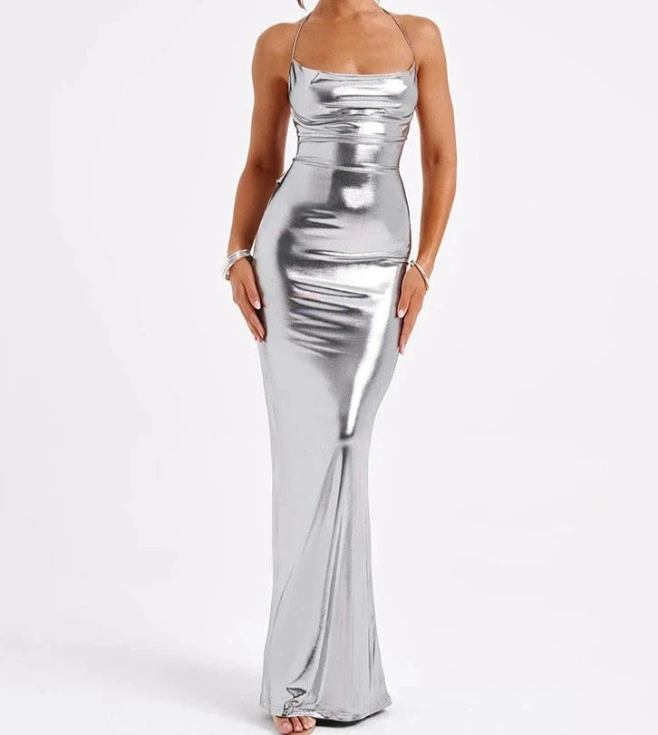 A&A Metallic Backless Cowl Neck Maxi Dress Trendy A-Line Maxi Dress