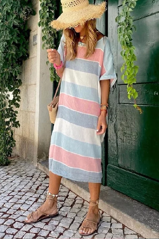 Multicolor Striped Color Block Loose Fit Half Sleeve Maxi Dress Comfortable Maxi Dress with Slits