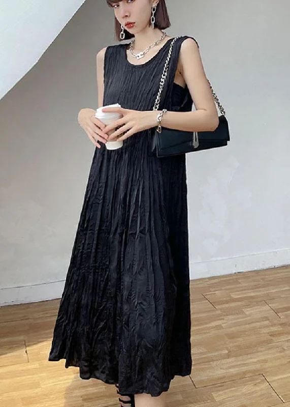 Natural Black Sleeveless Folds Maxi Dresses Elegant Floral Maxi Dress