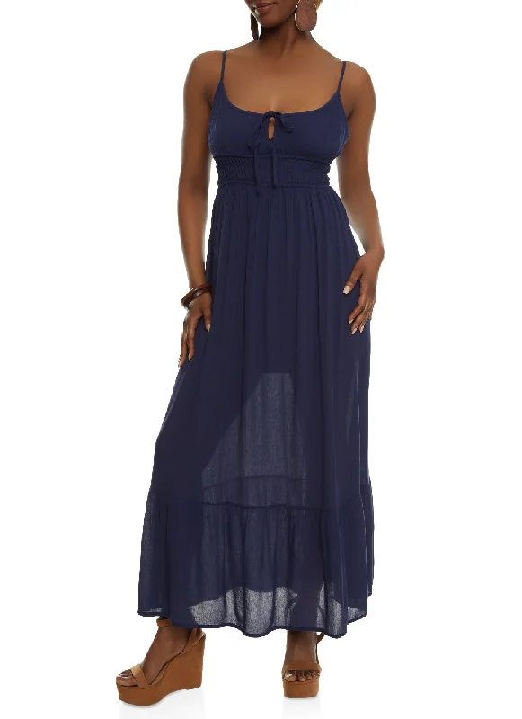 Gauze Knit Tie Front Tiered Maxi Dress Comfortable Pleated Maxi Dress