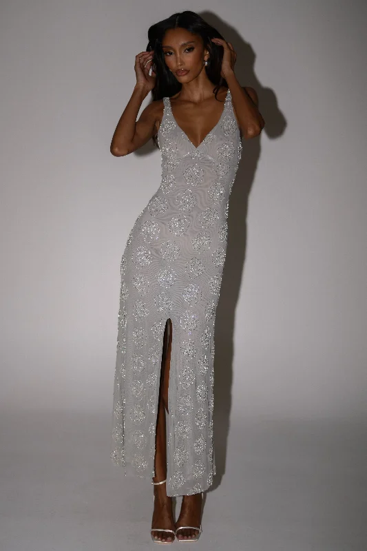 Nylah Rose Beaded Maxi Dress - Silver Elegant Wraparound Maxi Dress