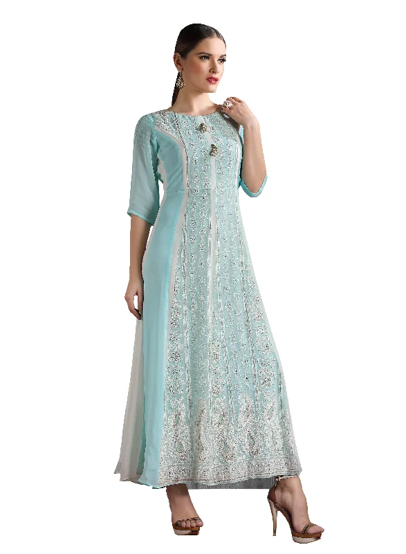 Ocean Blue Chikankari Embroidered Long Maxi Dress Trendy Floral Print Maxi Dress