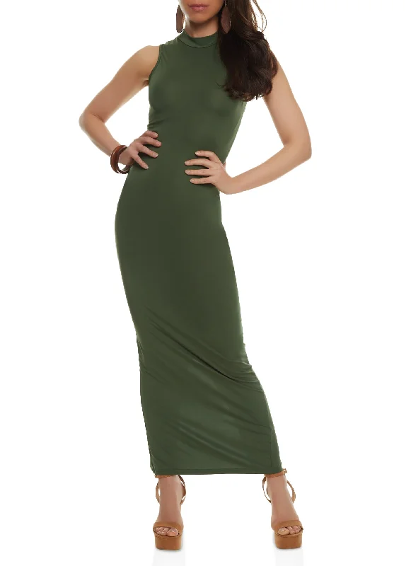 Daisy Sleeveless Mock Neck Maxi Dress Casual Maxi Dress with Pockets