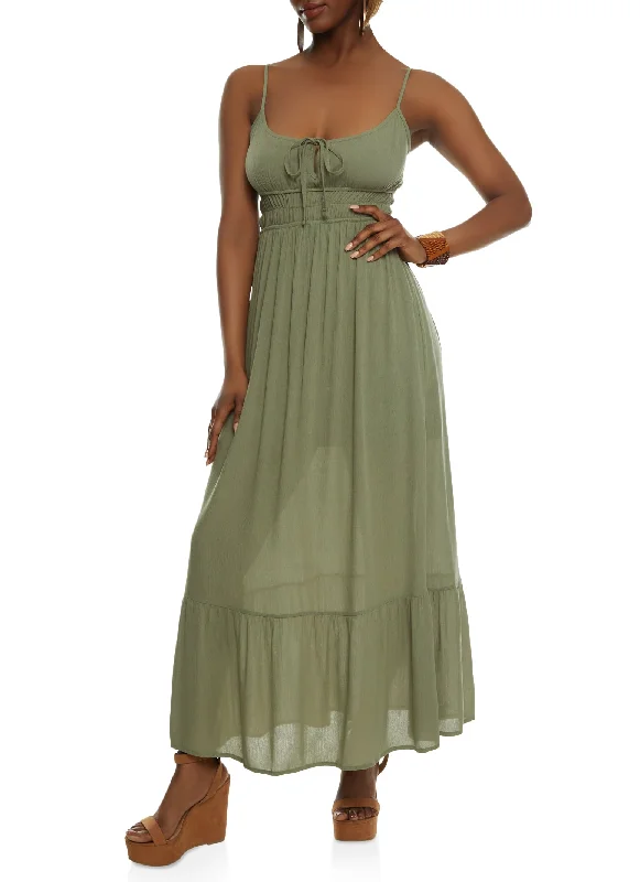 Gauze Knit Tie Front Tiered Maxi Dress Chic Sleeveless Maxi Dress