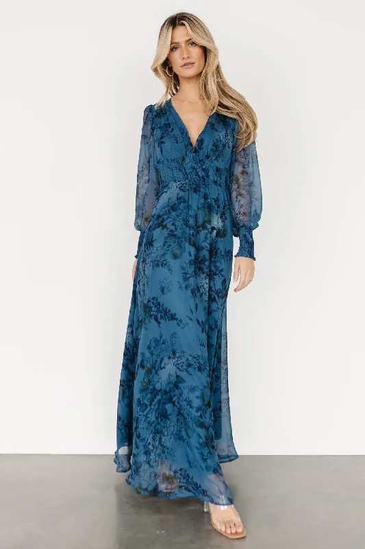 Olivia Maxi Dress | Deep Blue Floral Fashionable High-Waist Maxi Dress