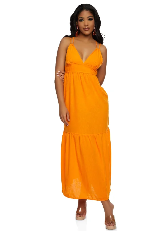 Haute Monde Linen Plunge Tiered Maxi Dress Comfortable Maxi Dress with Belt