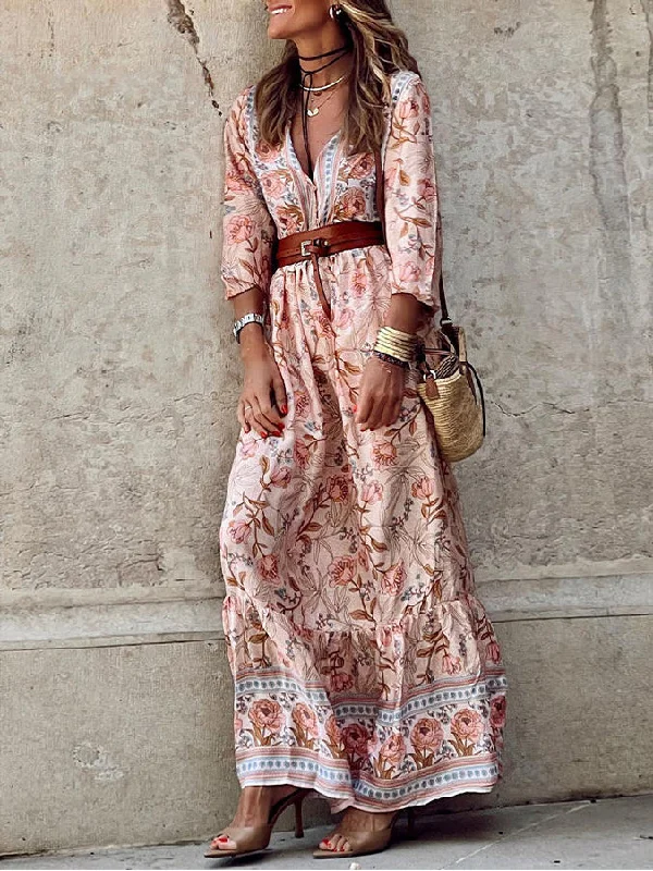 Pink Sexy Bohemian Floral V Neck Ruffle Maxi Dress Trendy Maxi Dress with Straps