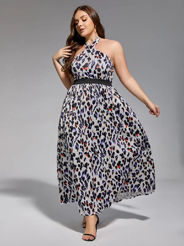 Plus Leopard Print Halter Elastic Waist Maxi Dress Chic Boho Print Maxi Dress