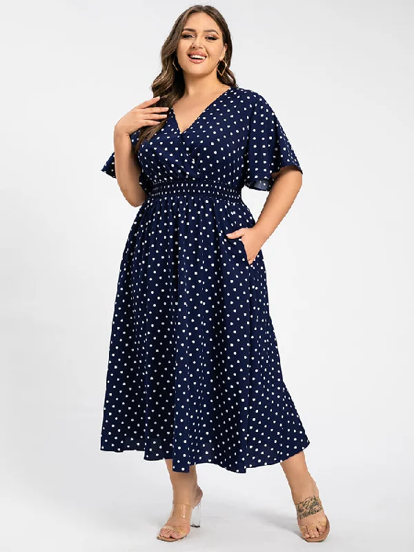 Plus Polka Dot Crisscross V-Neck Elastic Waist Ruffle Hem Maxi Dress Stylish Longline Maxi Dress Plus Polka Dot Crisscross V-Neck Elastic Waist Ruffle Hem Maxi Dress Stylish Longline Maxi Dress