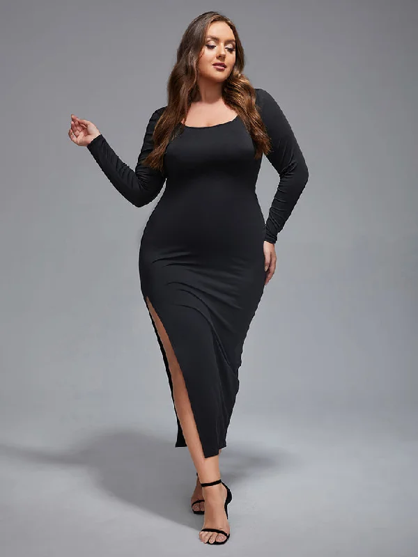 Plus Side Split Round Neck Bodycon Maxi Dress Cozy Maxi Dress with Slit