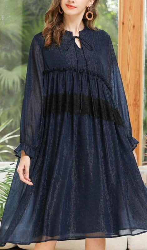 Plus Size Navy Cinched Chiffon O-Neck Summer Maxi Dress Elegant Maxi Dress with Pockets
