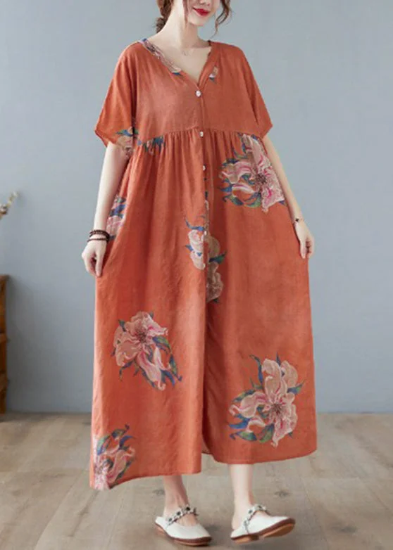 Plus Size Orange V Neck Maxi Dress Short Sleeve Chic Summer Maxi Dress