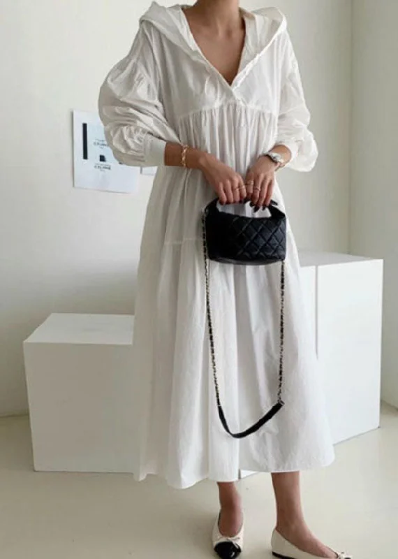 Plus Size White Hooded Patchwork Cotton Maxi Dress Spring Fashionable Sleeveless Maxi Dress