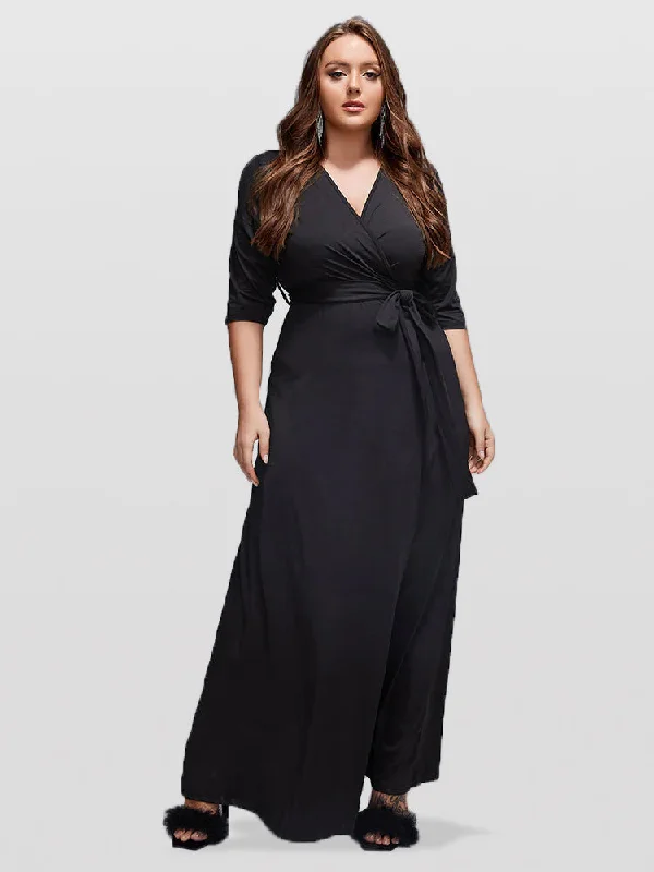 Plus V-Neck Tie Front Maxi Dress Chic Boho Print Maxi Dress