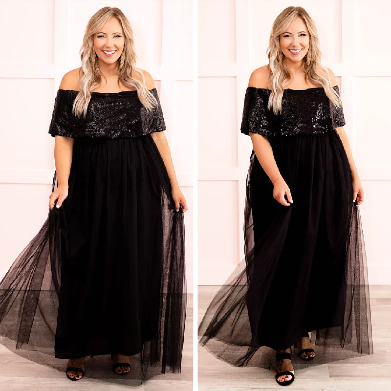 Posh Outlook Maxi Dress, Black Fashionable Maxi Dress with Fringe