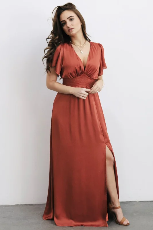 Prague Satin Maxi Dress | Rust Fashionable Faux Wrap Maxi Dress