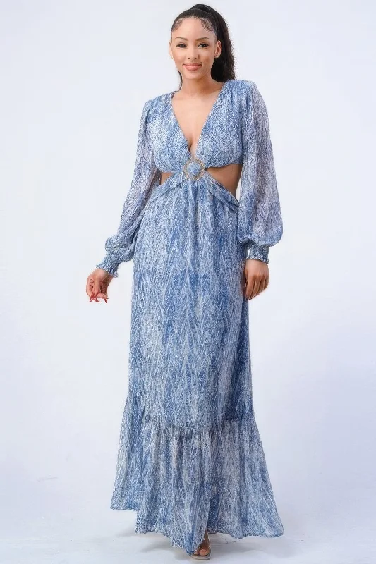 Printed V Neck Self Belted Side Cut Out Ruffled Maxi Dress Elegant Lace-Up Maxi Dress Printed V Neck Self Belted Side Cut Out Ruffled Maxi Dress Elegant Lace-Up Maxi Dress