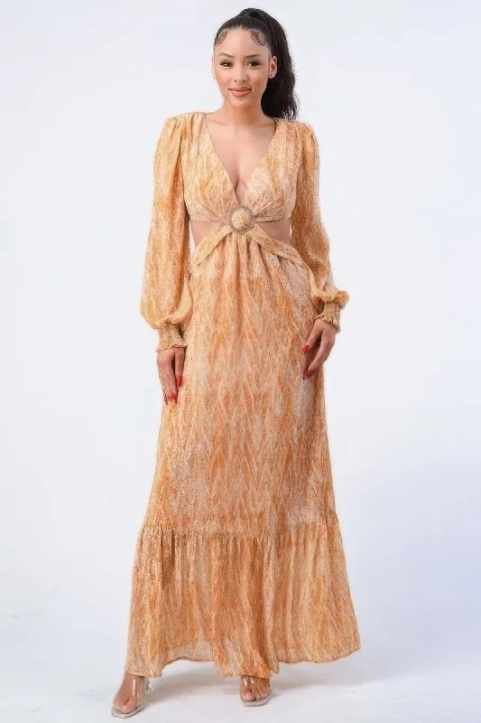Printed V Neck Self Belted Side Cut Out Ruffled Maxi Dress Cozy Knitted Maxi Dress