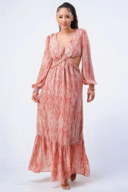 Printed V Neck Self Belted Side Cut Out Ruffled Maxi Dress Elegant Maxi Dress with Slit